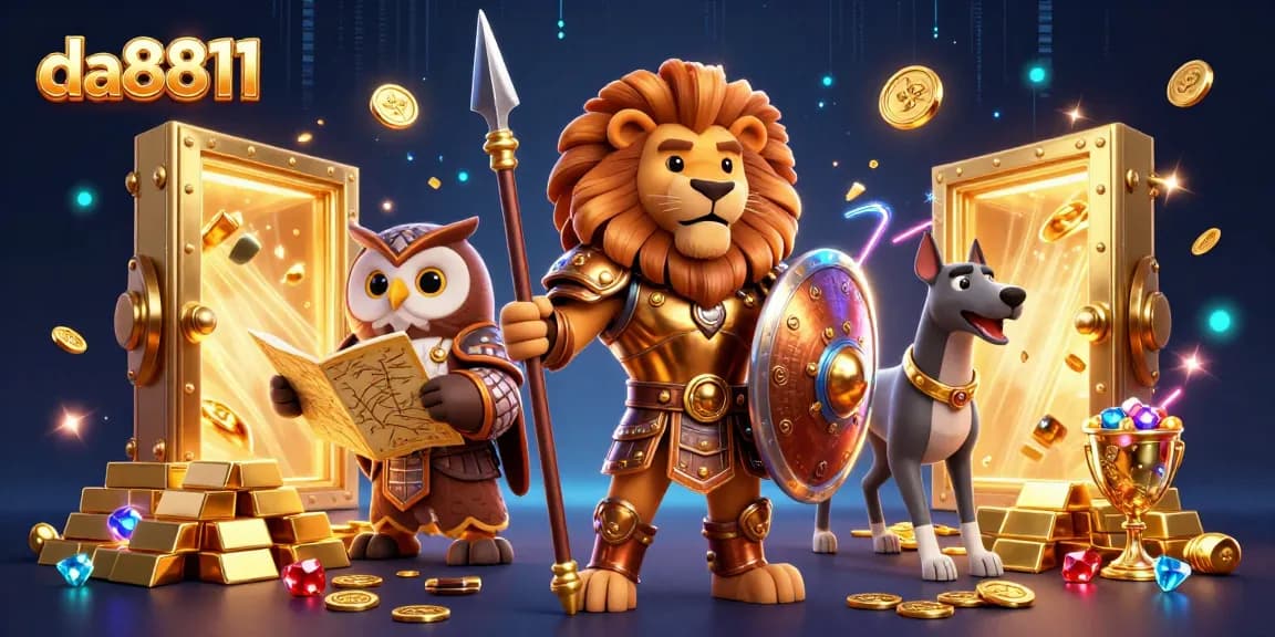 Experience the thrill of da8811 casino with a Spartan lion and treasure in an exciting scene.
