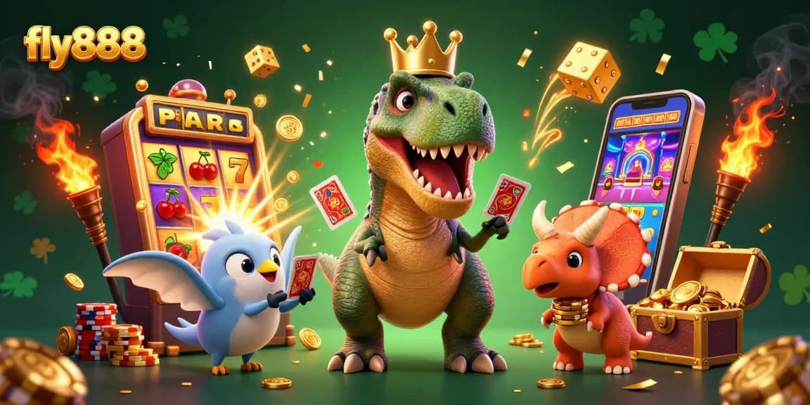 Fly888's dynamic casino scene showcases a T-Rex, a pterodactyl, and a triceratops in a vibrant gaming atmosphere.