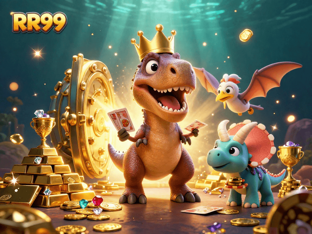 RR99 casino scene with a T-Rex shuffling cards, accompanied by a pterodactyl and triceratops.