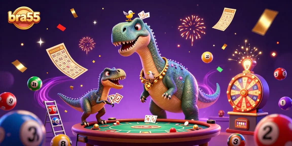 Experience the excitement at bra55 with vibrant lottery balls and a charming brontosaurus overhead.
