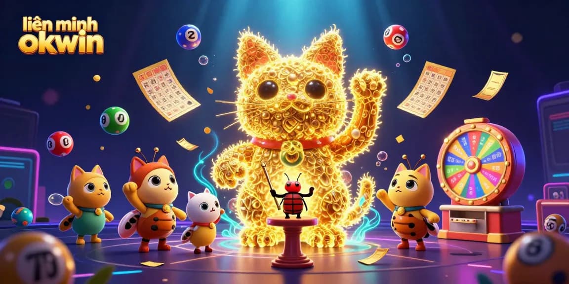 Experience the excitement of liên minh okwin with dynamic casino elements and a magical lucky cat in a vibrant illustration.