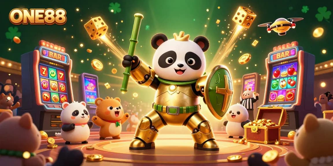 Engage with the dynamic world of ONE88 where golden panda pilots a casino showdown amidst jackpot explosions and vibrant gaming elements.