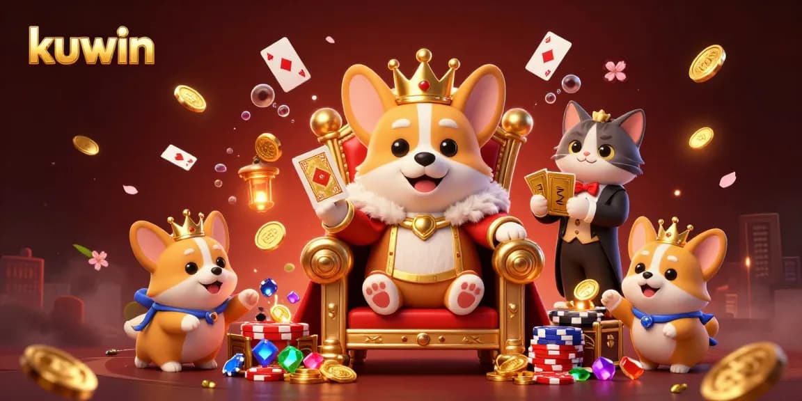 Kuwin showcases thrilling gaming adventures with a royal corgi and golden card deck in a vibrant casino realm.