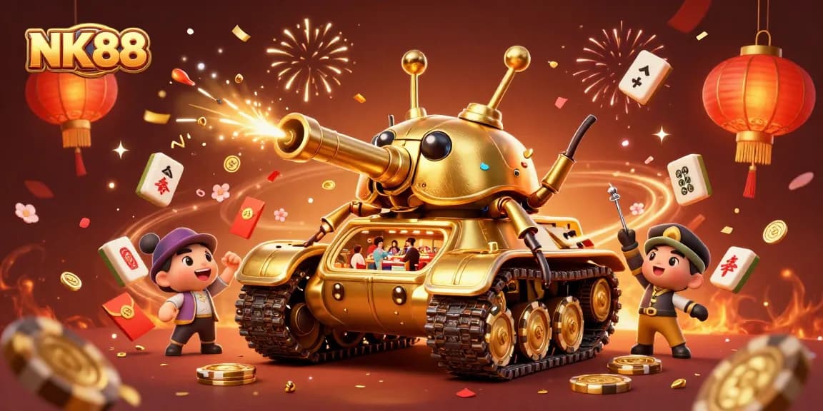 Experience interactive gameplay at NK88 with a golden beetle tank revealing a mini casino.