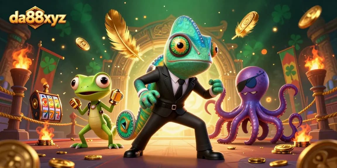 Play exciting slot games at da88xyz with a thrilling cartoon chameleon and vibrant casino elements.