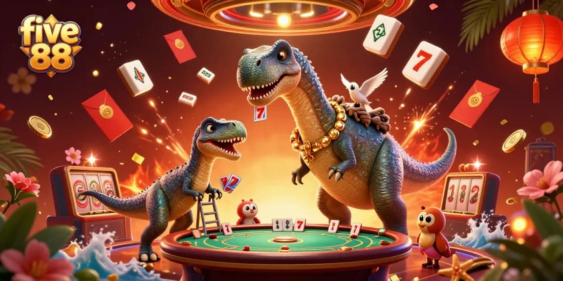 Experience the excitement of five 88 with a vibrant casino scene featuring cartoon dinosaurs and dynamic gaming elements.