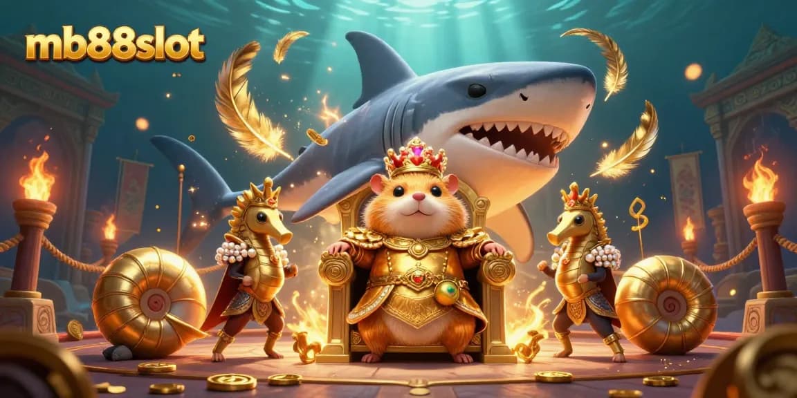 Engage in mb88slot gaming with a golden hamster king amid a vibrant underwater casino scene.