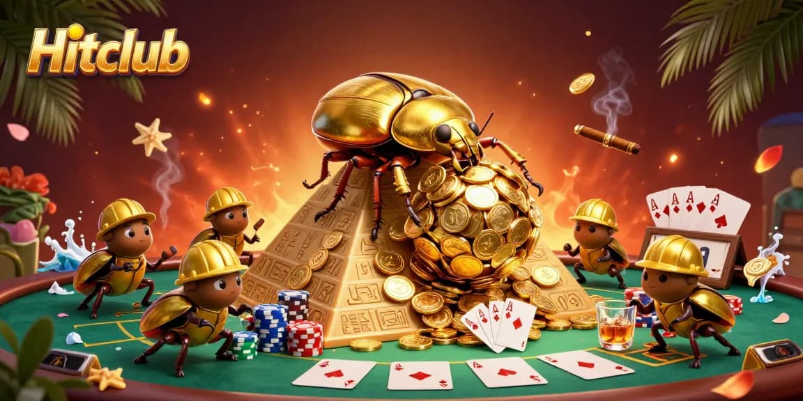 Join the excitement at Hitclub as beetles roll coins and poker chips in a vibrant casino scene.
