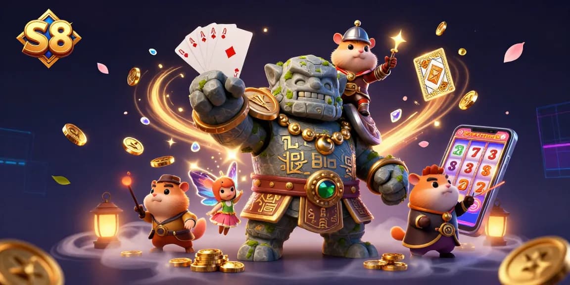 S8 unfolds a vibrant 3D scene with a stone golem guardian, a fairy companion, and a hamster knight amidst a burst of gaming elements.