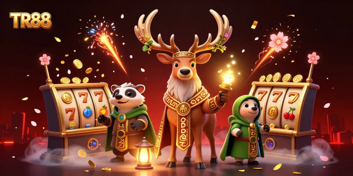 Spin the reels at TR88 with a Celtic druid stag amidst cheerful vibrant gaming symbols.