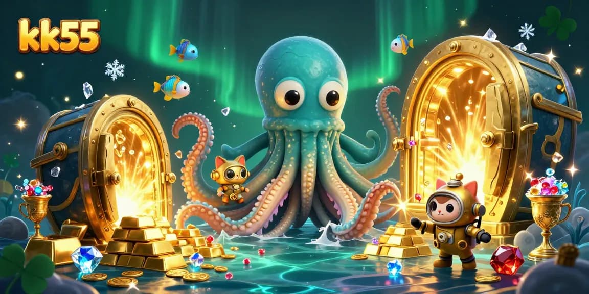 kk55 captivates with a thrilling underwater scene featuring a kraken and a diving cat bursting with treasure