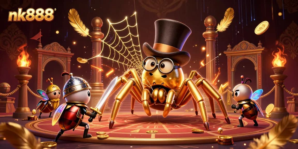 Experience the excitement of nk888 with a golden tarantula and knight in a dynamic casino scene.