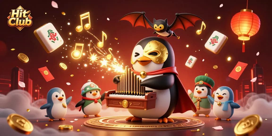 Engage with the Hit Club gaming experience as the phantom penguin effortlessly plays amid gold coins and vibrant casino elements.