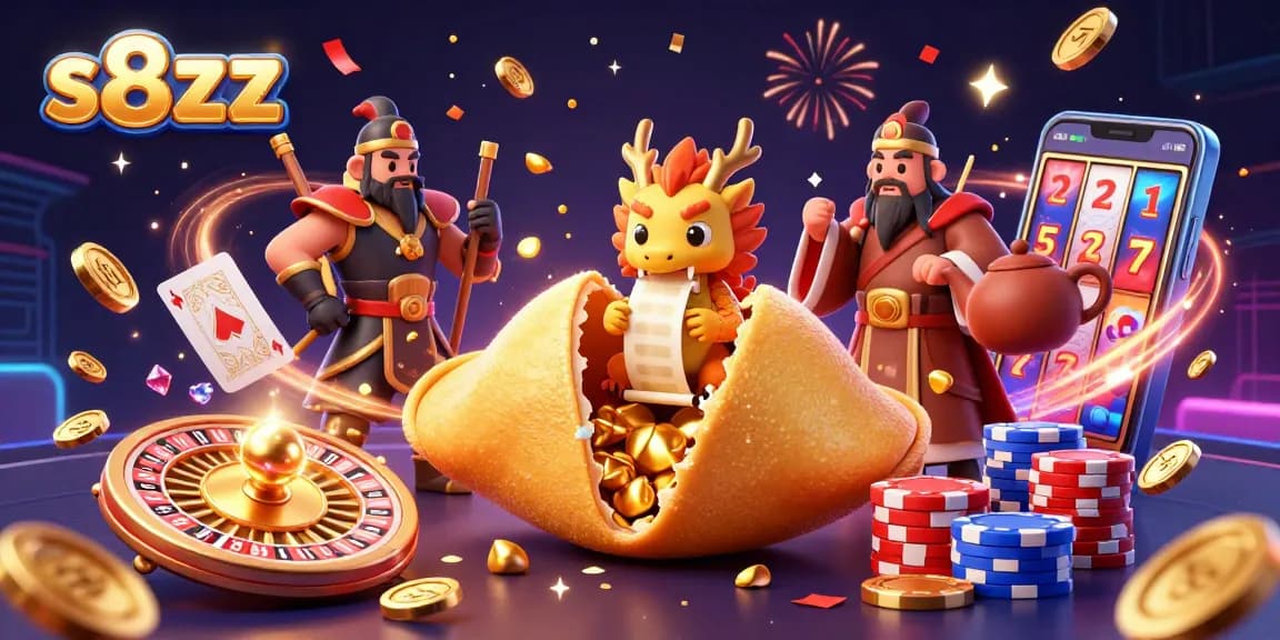 Spin the reels and win with s8zzz in this vibrant 3D casino illustration featuring a golden fortune cookie and wise dragon.