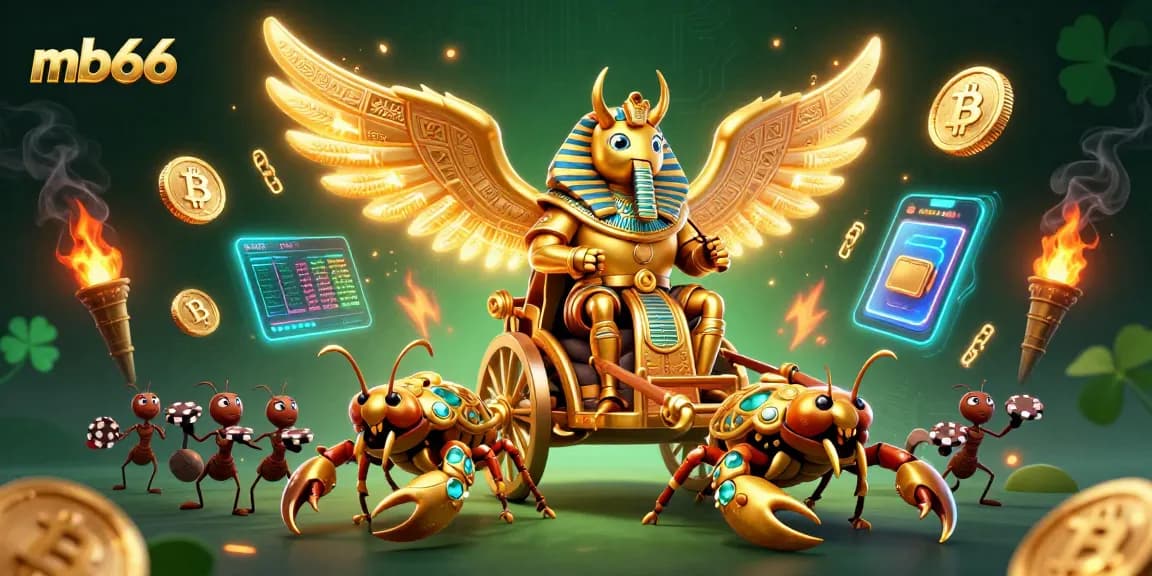 Experience thrilling moments at mb66 with an energetic 3D scene of a golden scarab beetle on a chariot, enriched with gambling elements.