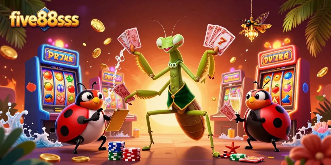 Experience engaging five88sss casino thrills with a 3D praying mantis dealer amidst vibrant gaming elements.