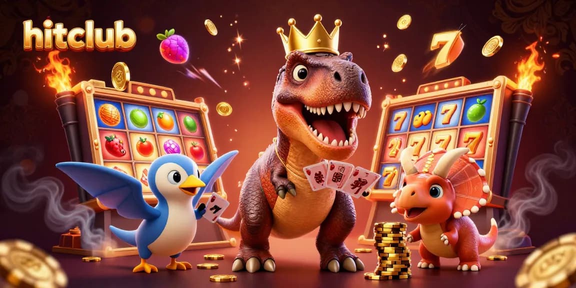 hitclub showcases a magical scene with friendly T-Rex shuffling cards and wins stacking golden chips in a vibrant casino