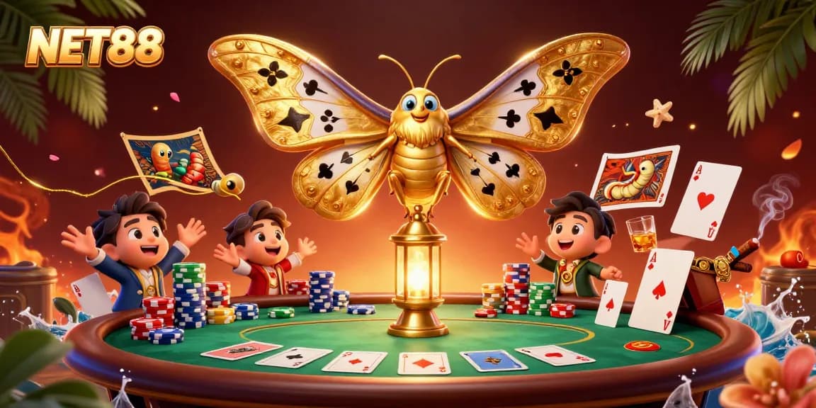 NET88 showcases a vibrant casino scene with a majestic moth and poker game elements bursting with energy.