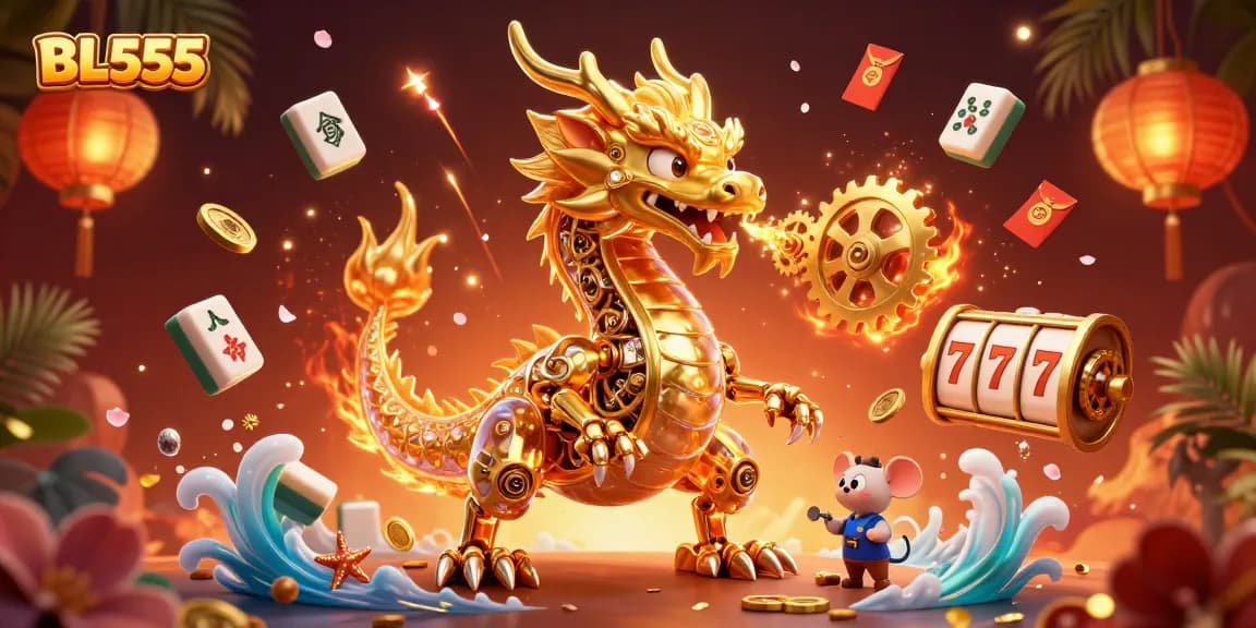 Experience thrilling gameplay at BL555 with a golden dragon and casino elements in a vibrant scene.