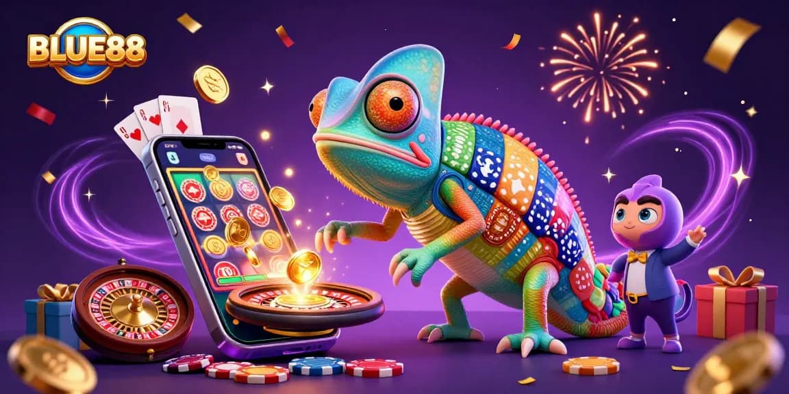Experience thrilling gaming at BLUE88 with a vibrant chameleon casino scene filled with golden coins and slot action.