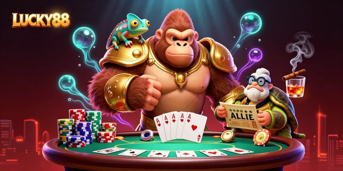 LUCKY88 unleashing excitement with a gorilla king, casino elements, and vibrant colors in this dynamic illustration.