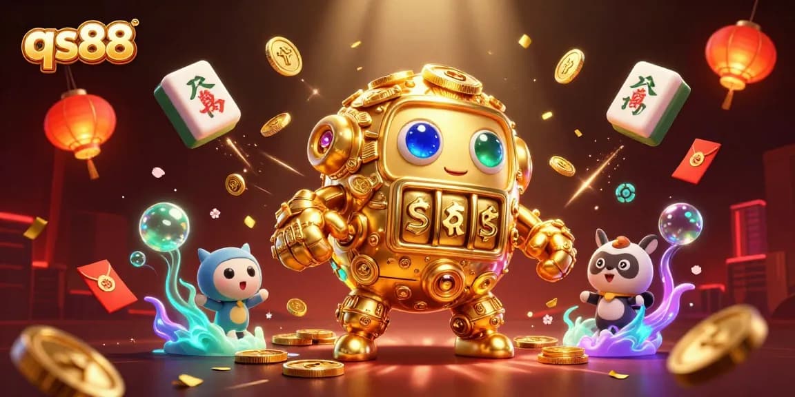 Engage with qs88's vibrant golden golem in a festive casino scene filled with luck symbols.