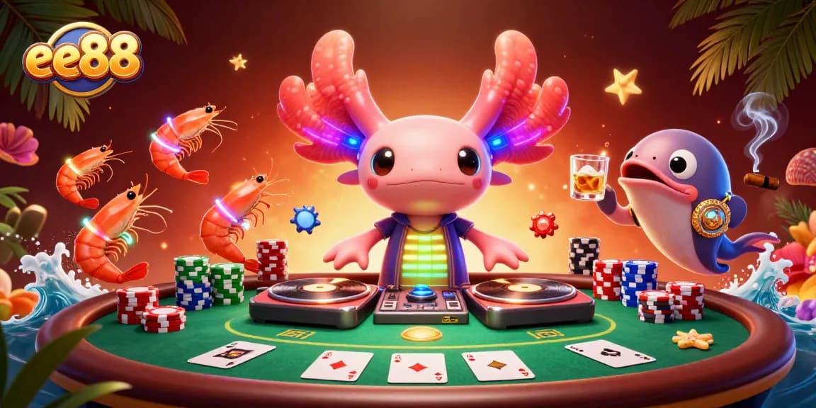 Experience the vibrant atmosphere at ee88, featuring a neon-colored axolotl DJ spinning records with poker elements.