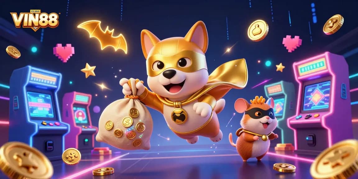 Join the adventure with VIN88 as the superhero dog and hamster fly through a vibrant casino-themed world!