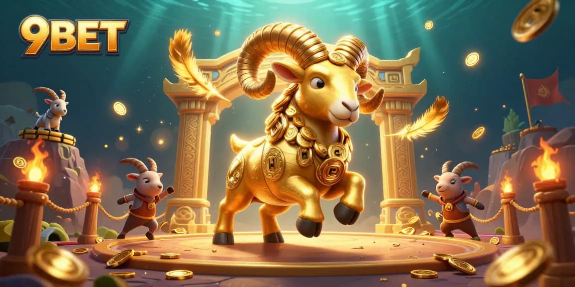 Experience the excitement of 9BET with a golden ram charging through a casino arena filled with coins.