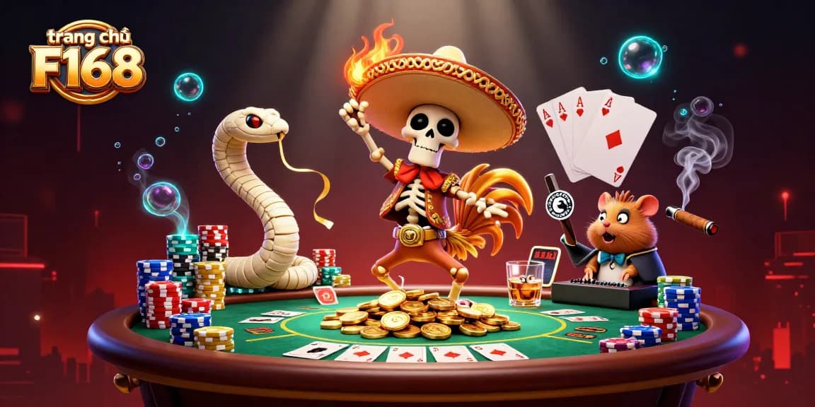 Engage with the vibrant scene of trang chủ F168, featuring a mariachi rooster dancing among golden coins, poker elements, and an energetic atmosphere.