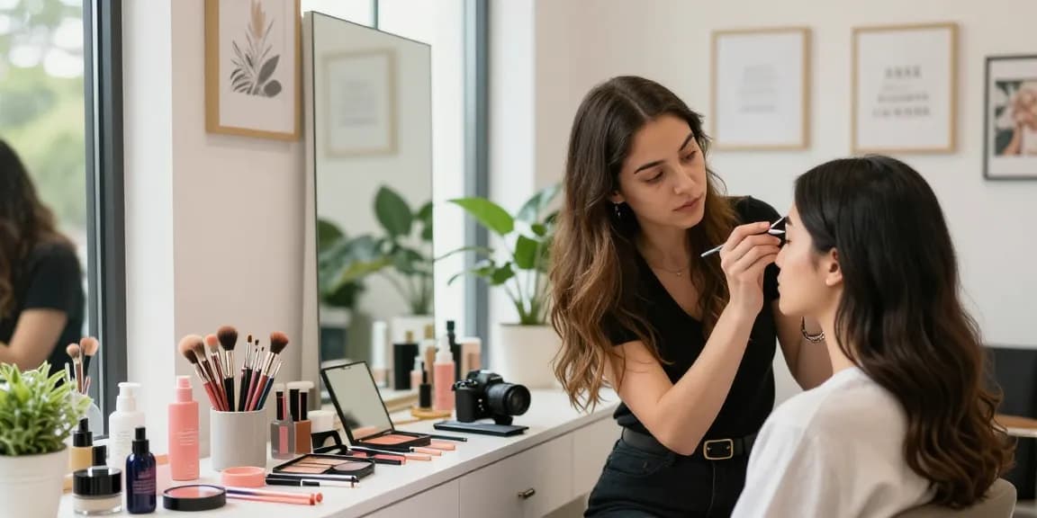 Jonge vrouw die poeder brows aanbrengt in een levendige beautystudio.