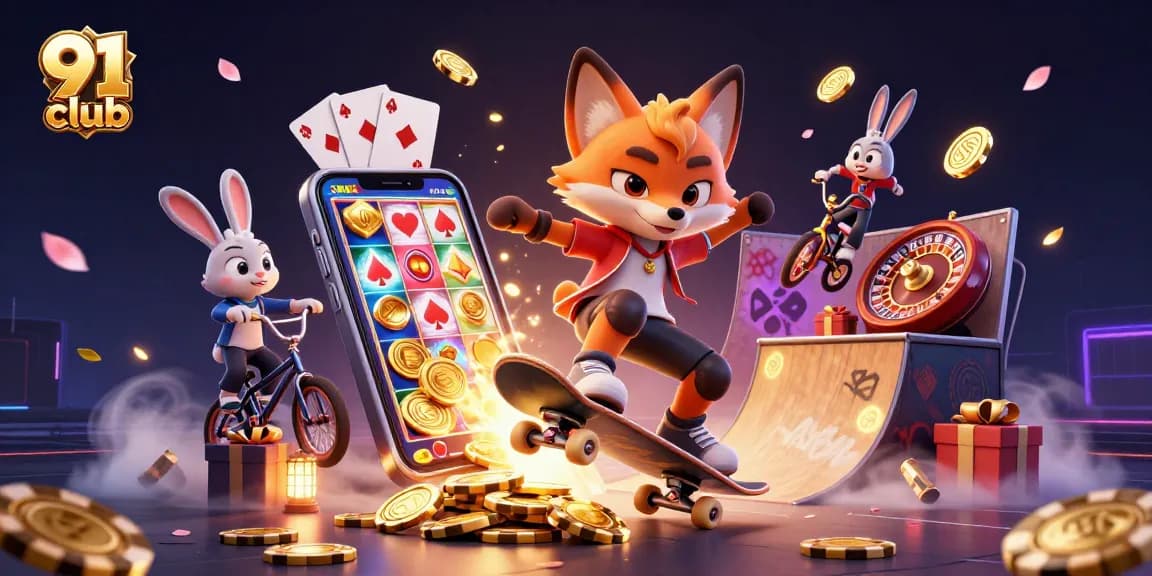Engage with 91 club's thrilling casino games in a vibrant 3D illustration filled with excitement.
