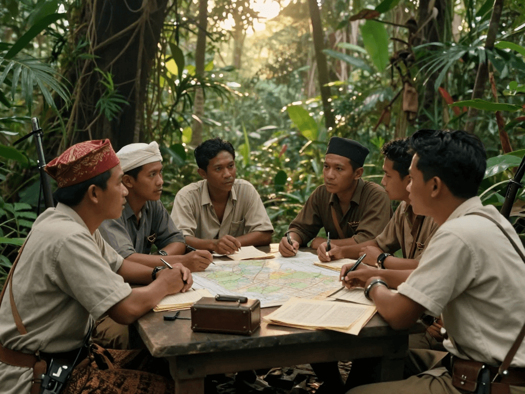 rokok88 depicts Indonesian revolutionaries planning strategies against colonial forces in a jungle.