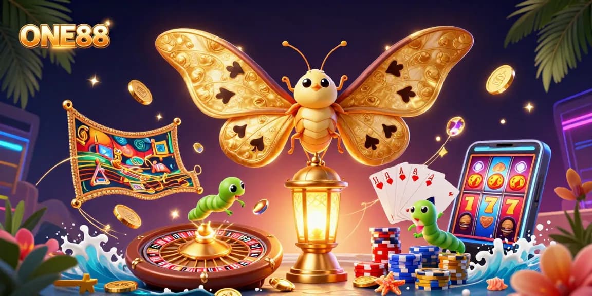 Experience the excitement of ONE88 with a dynamic casino scene featuring vibrant characters and golden treasures.
