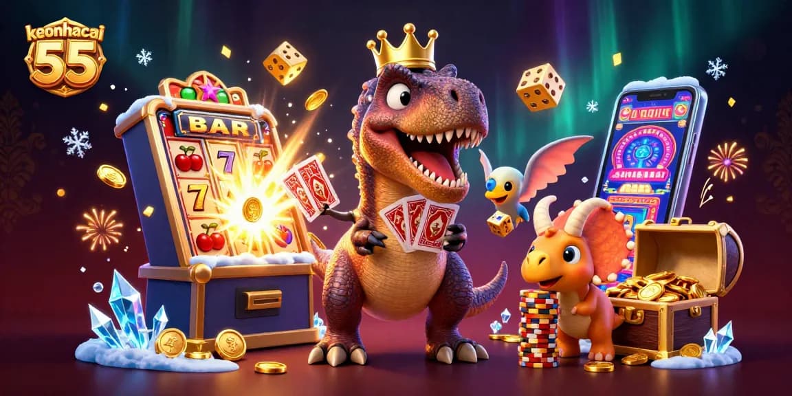 Engage in thrilling gaming action with keonhacai 55 and colorful casino characters showcasing slots and winning moments.