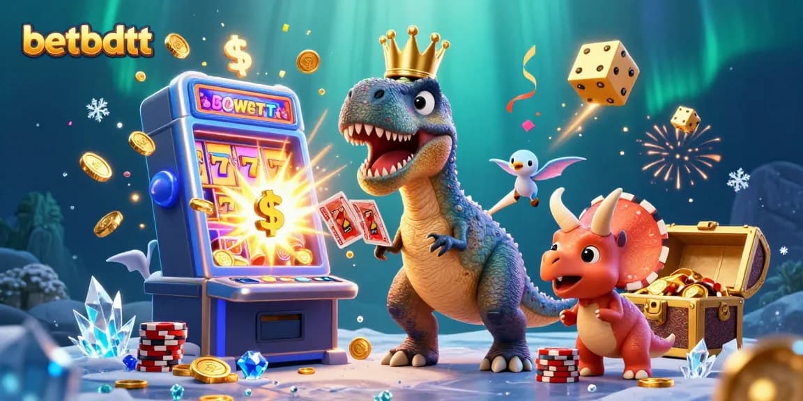 Experience thrilling casino action with betbdtt as a T-Rex shuffles cards surrounded by a jackpot explosion.