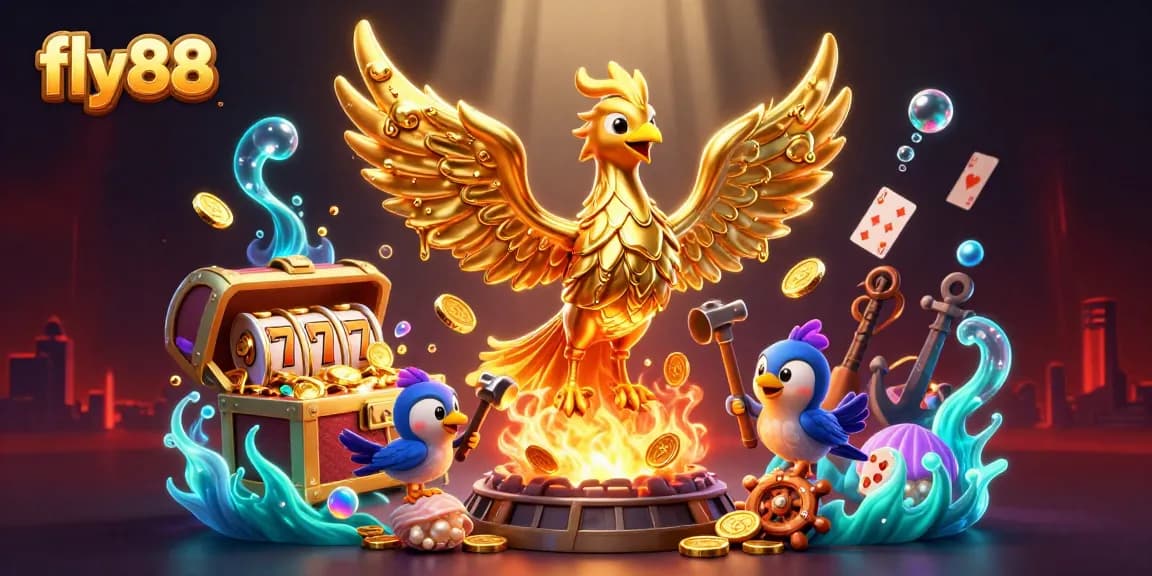 Experience gaming thrills with fly88's vibrant phoenix and treasure, showcasing slot reels and golden coins.