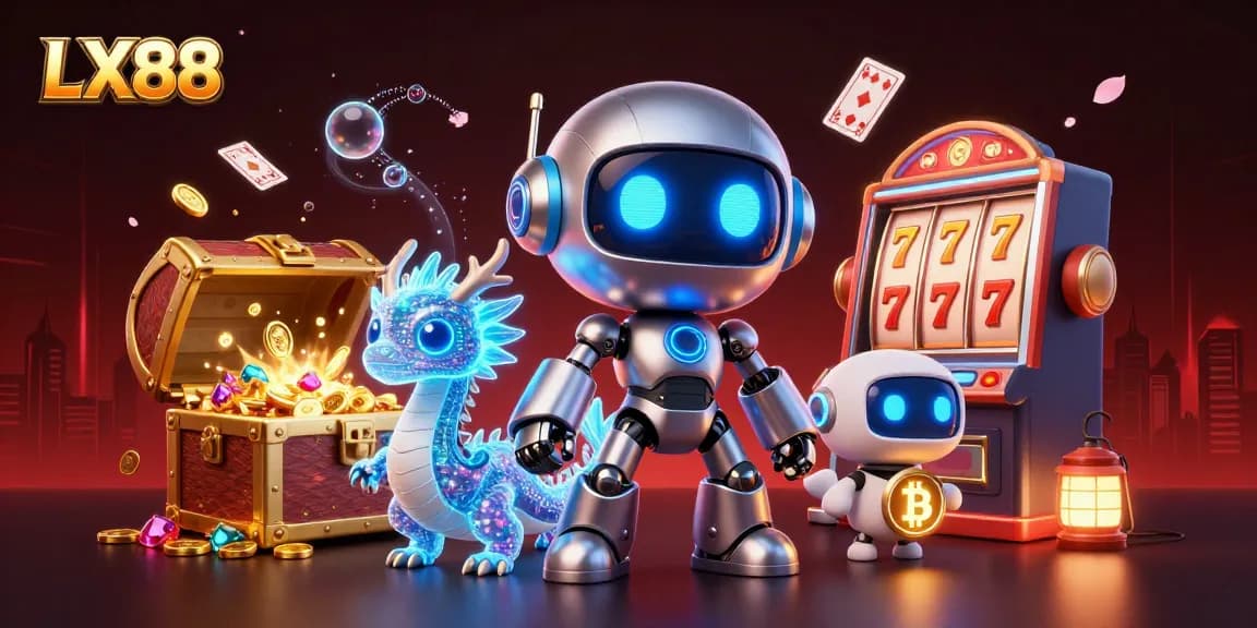 Experience the thrill of LX88 with a mesmerizing 3D casino scene featuring vibrant gaming elements and characters.