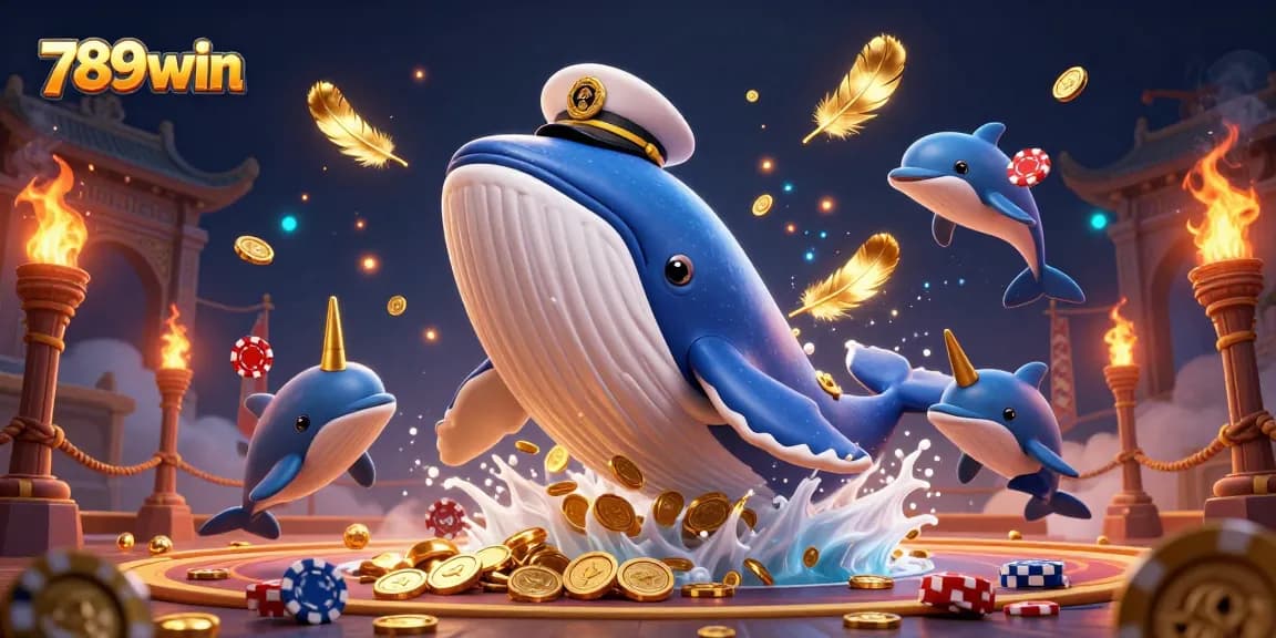 Experience the thrill of 789win as a captivating whale breaches through coins, embodying online gambling excitement.