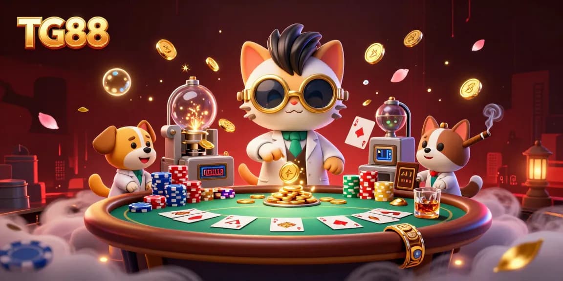 Experience exciting gameplay at TG88 with vibrant casino elements including poker action, golden coins, and dynamic characters.
