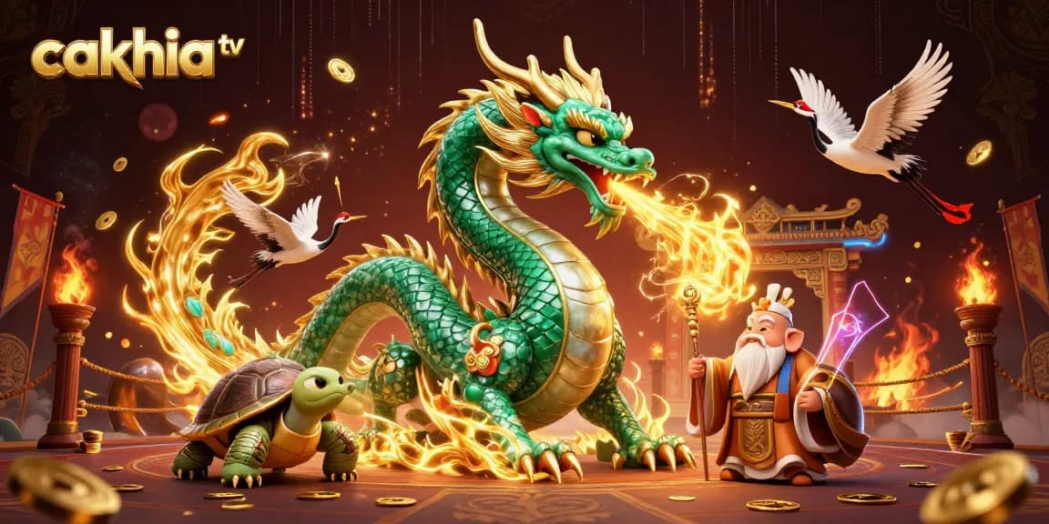 Experience cakhia tv with vibrant visuals of a jade dragon and lucky cranes in a dynamic gaming scene.