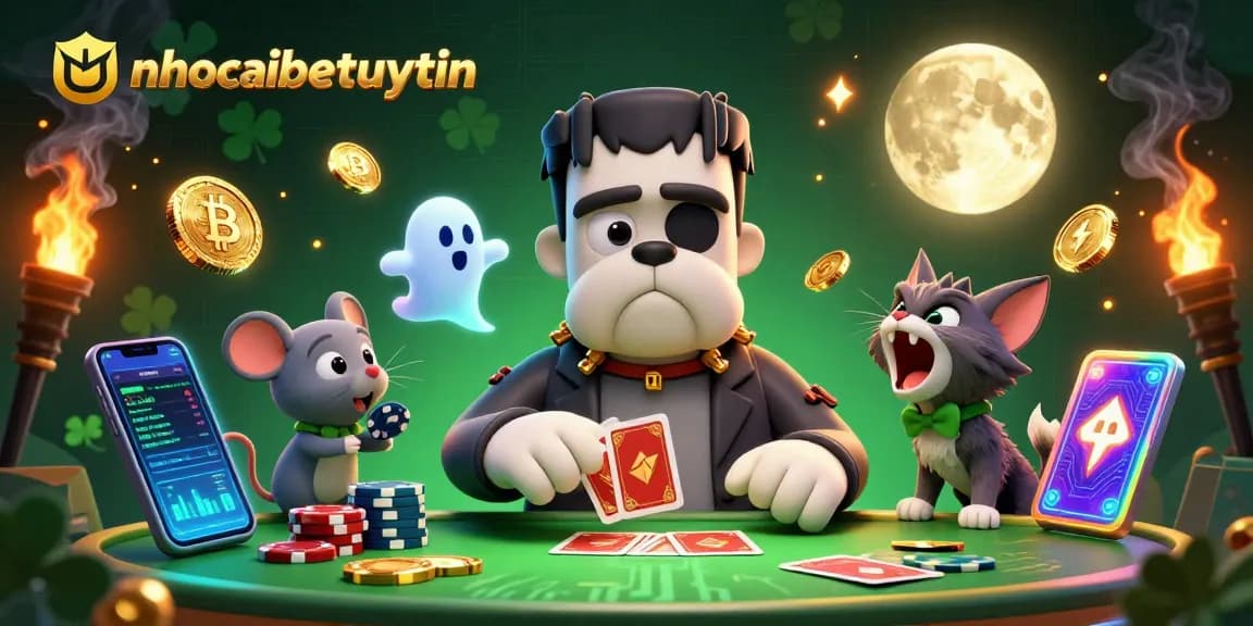 Bet on excitement with nzacaibetuytin where a Frankenstein bulldog monster deals cards amid crypto coins.