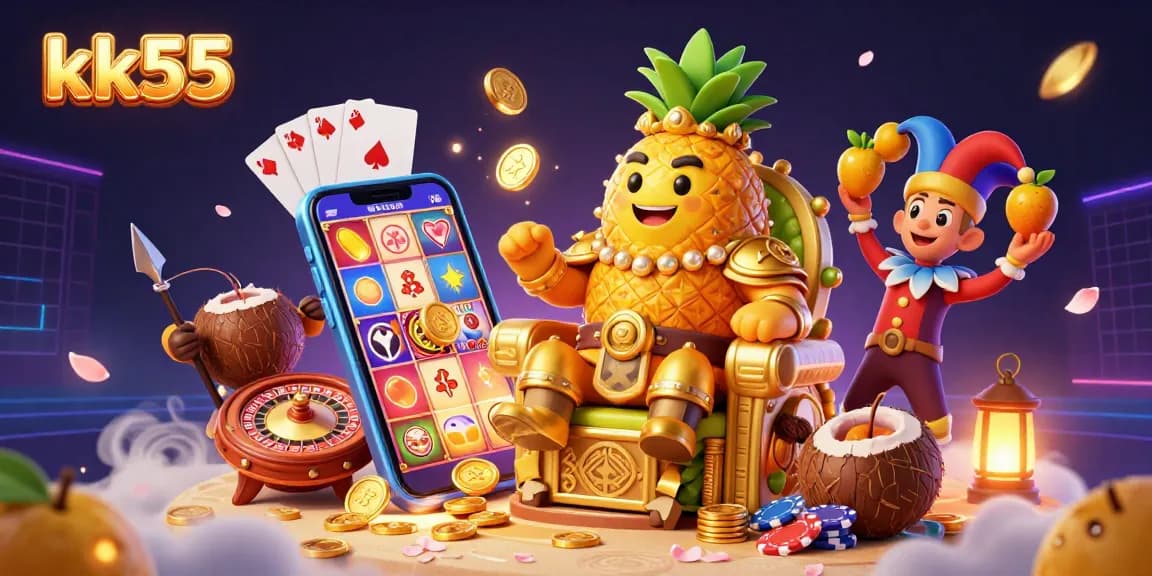 Engage in thrilling gameplay at kk55 with a vibrant, detailed casino scene featuring the golden pineapple king and dynamic elements.
