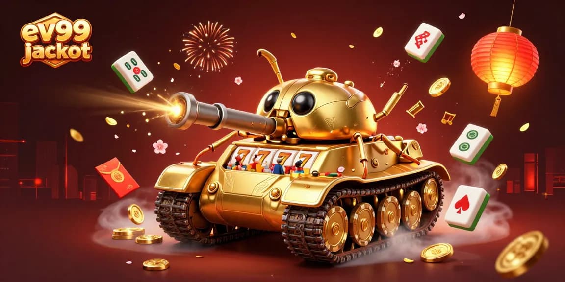 Engaging ev99 jackpot themed casino illustration with a golden beetle tank showcasing intricate gaming elements.