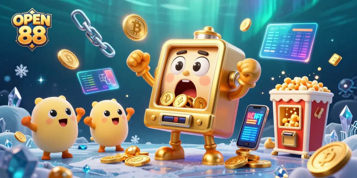 Engage with exciting jackpot wins at OPEN 88 while surrounded by 3D cartoon slot machines, crypto coins, and dynamic game elements.