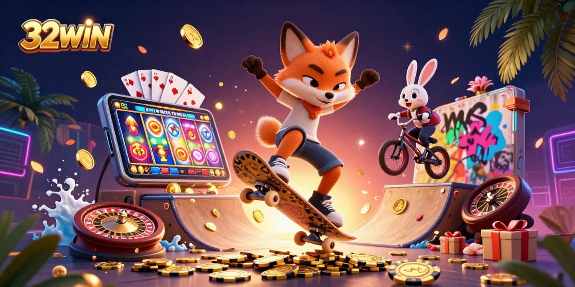 Experience thrilling gaming at 32WIN with vibrant casino-themed 3D illustration.