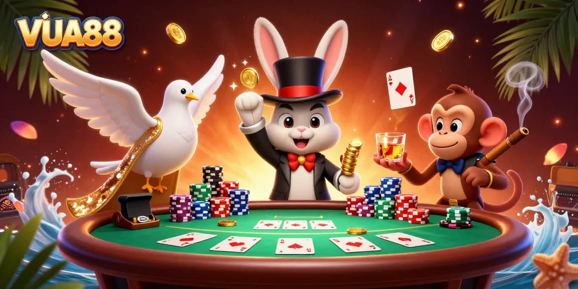 VUA88 magician rabbit showcasing magical coins and poker elements in a vibrant casino scene.