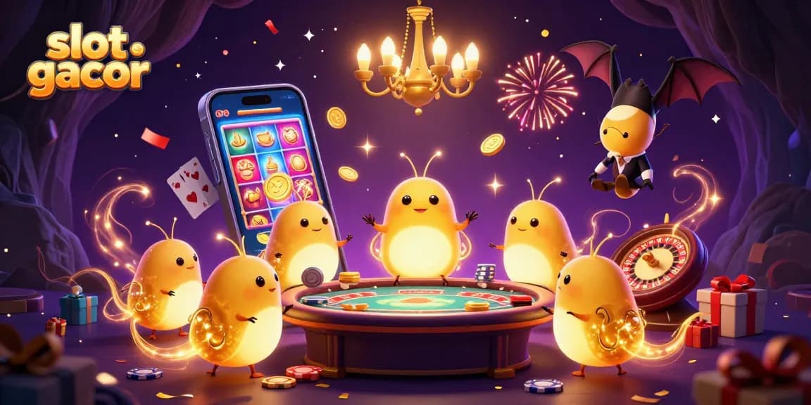 Experience slot gacor action with glowworms lighting up a vibrant casino scene packed with games.