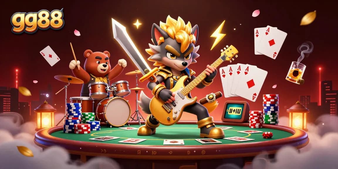 Play exciting games at GG88 casino with a rock star wolf and a drummer bear on stage.