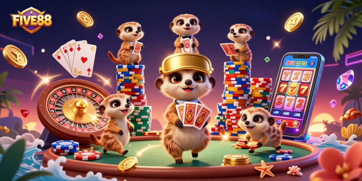 Join the excitement at FIVE88 Casino with playful meerkats managing a thrilling gaming operation.